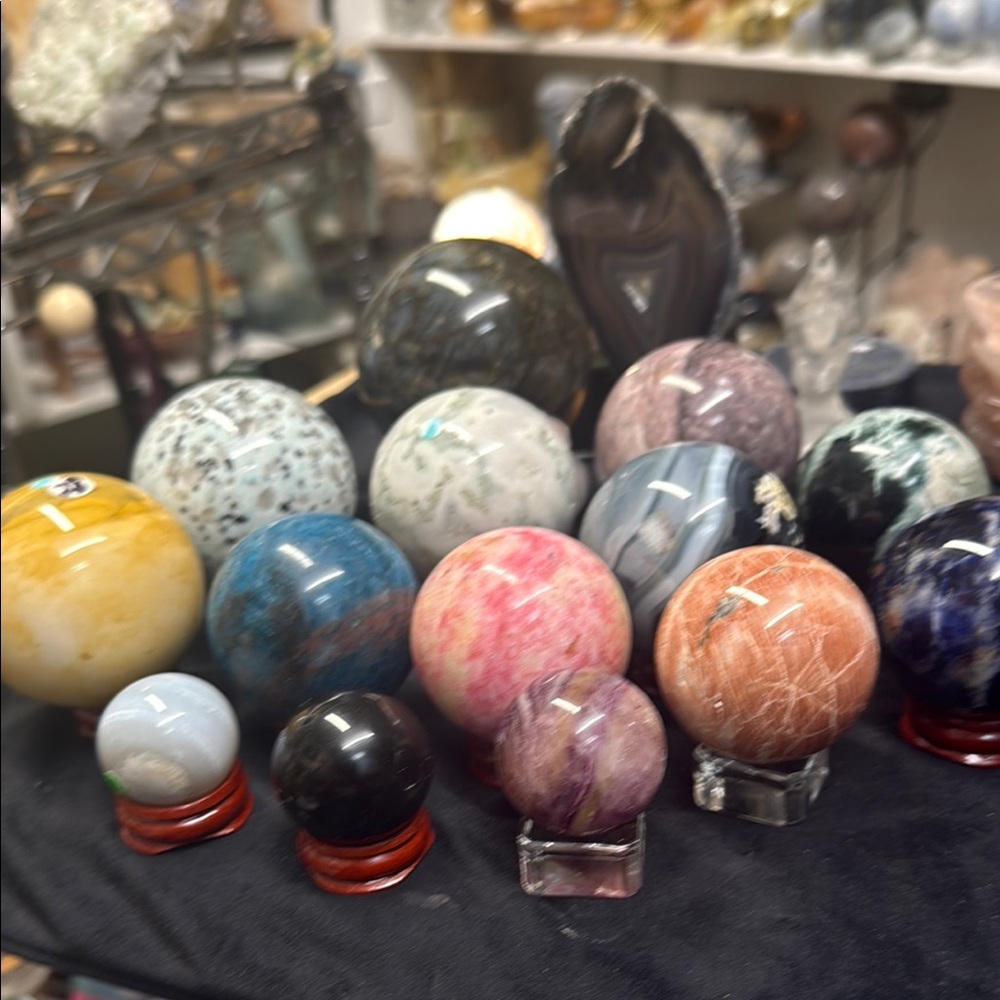 Assorted crystal and mineral spheres, all sizes